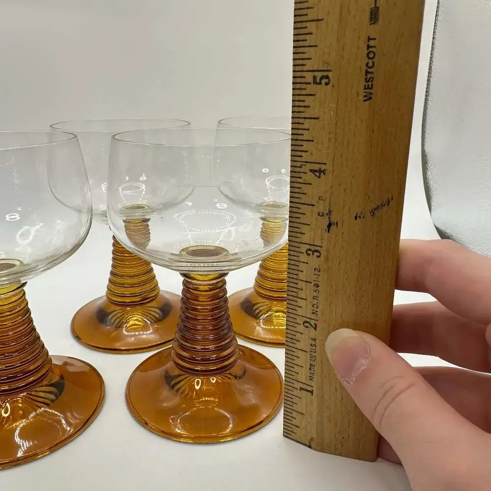 Set of 4 Vintage MCM Luminarc Roemer Amber Beehive Stem Wine Goblets 1970s